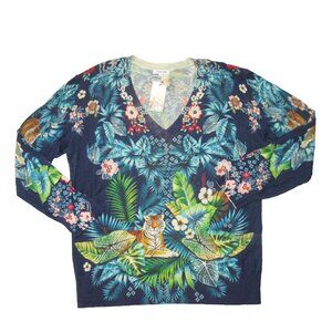 NWT Johnny Was Tigres Printed Pullover in Navy Tiger Silk Linen Top XL